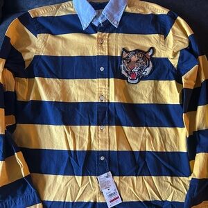 NWT Ralph Lauren Navy Blue/Yellow Stripes YALE TIGER PATCH Oxford Shirt Medium
